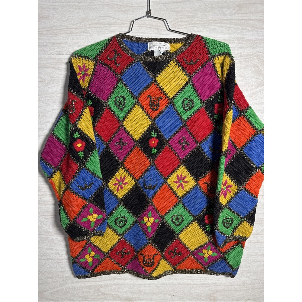 90's VTG Jennifer Reed Too The Limited handknit patchwork Vibrant Multicolor 2x